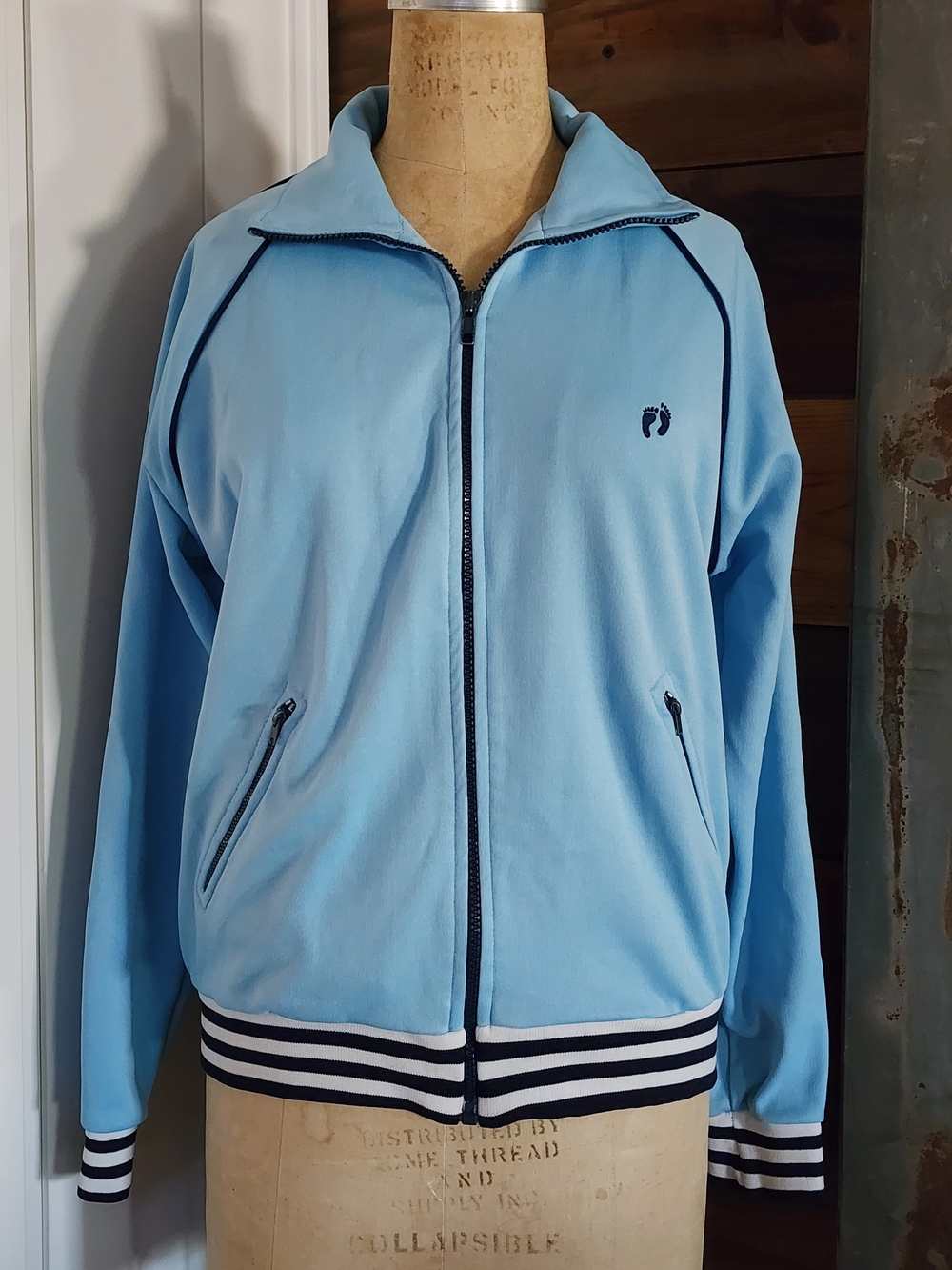 Vintage Hang Ten Light Blue Zip-Up Track Jacket with Navy Trim
